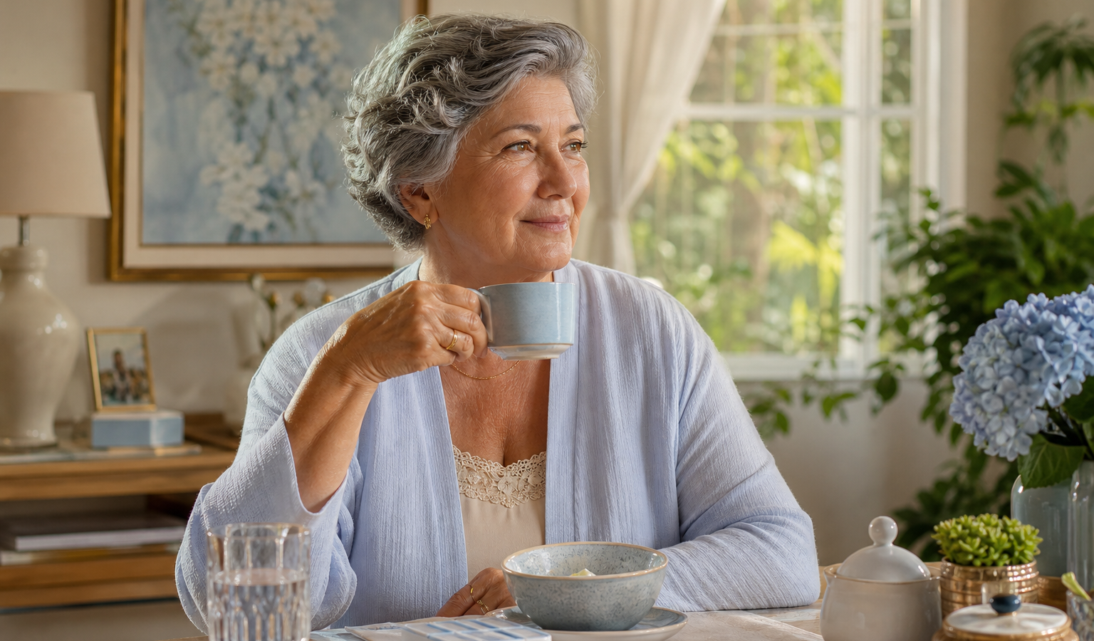 Mulher grisalha tomando café na mesa da manhã, com copo de água e porta-comprimidos semanal, pensando em colágeno tipo 2 como tomar