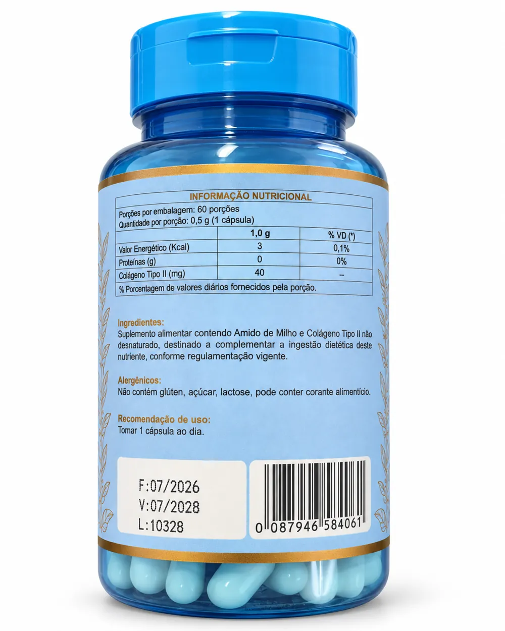 Tabela nutricional impressa no rótulo de Colágeno Tipo 2 Verum